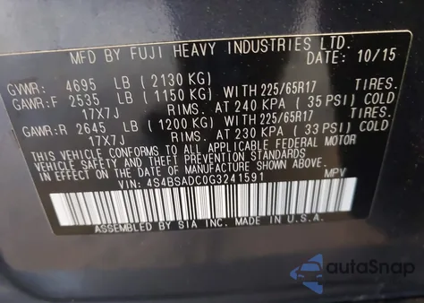 2016 Subaru Outback 2.5I Premium from USA, damaged, VIN 4S4BSADC0G3241591